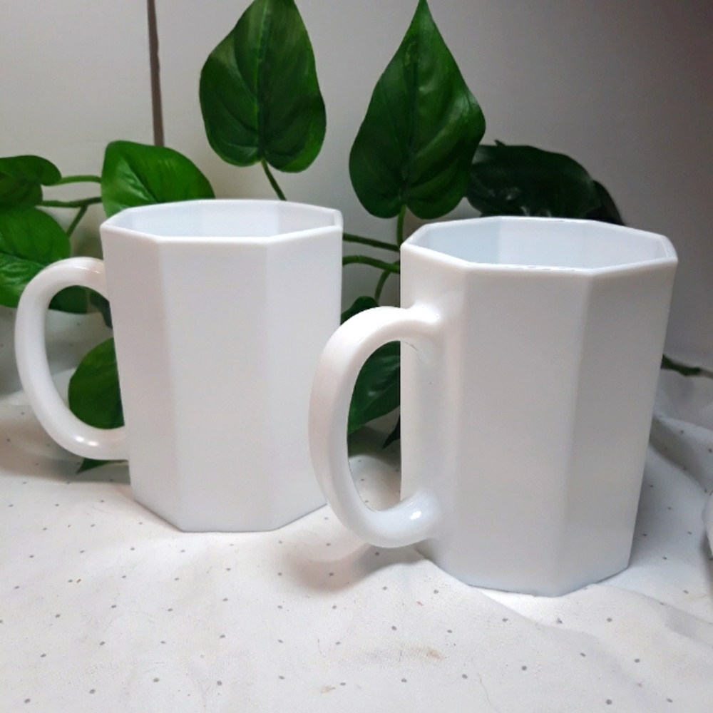 2 French ARCOROC White Octagon Milk Glass Mugs